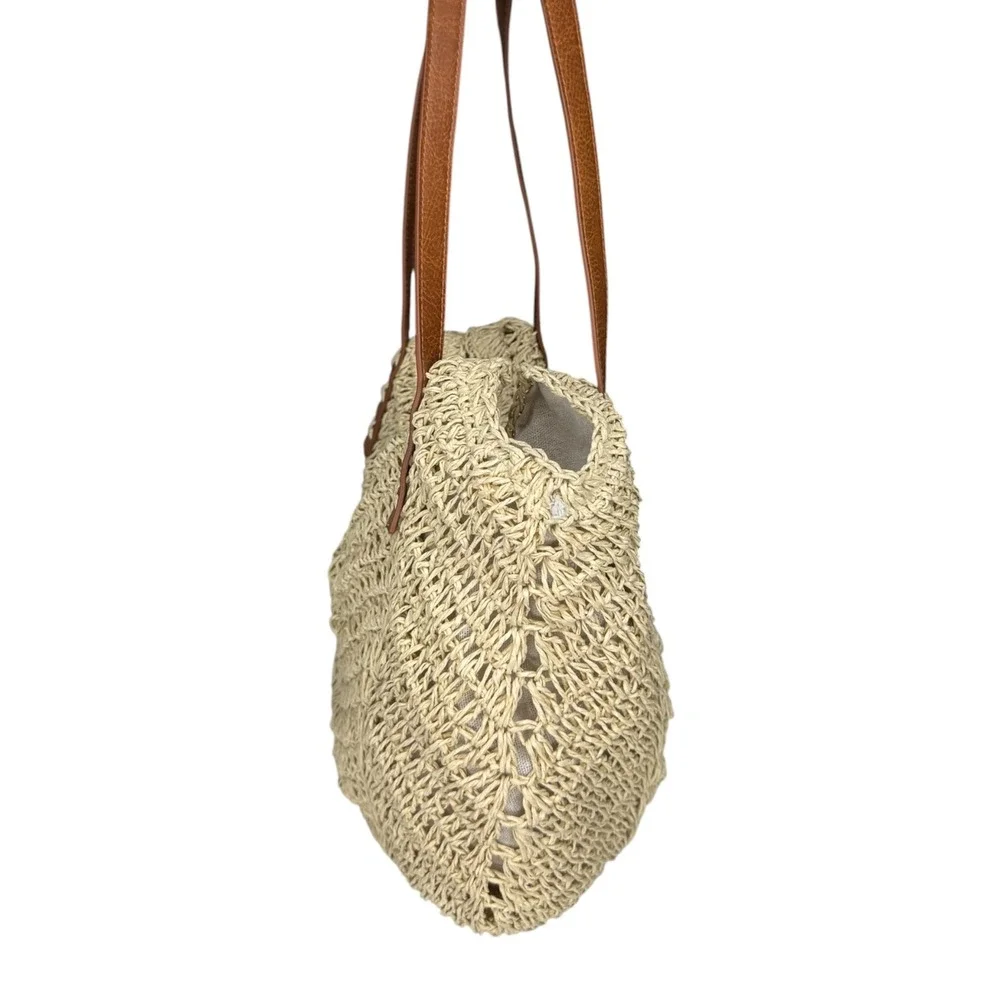 LinYooLi Woven Straw Crochet‎ Cream & Brown Faux Leather Straps Boho Tote Bag